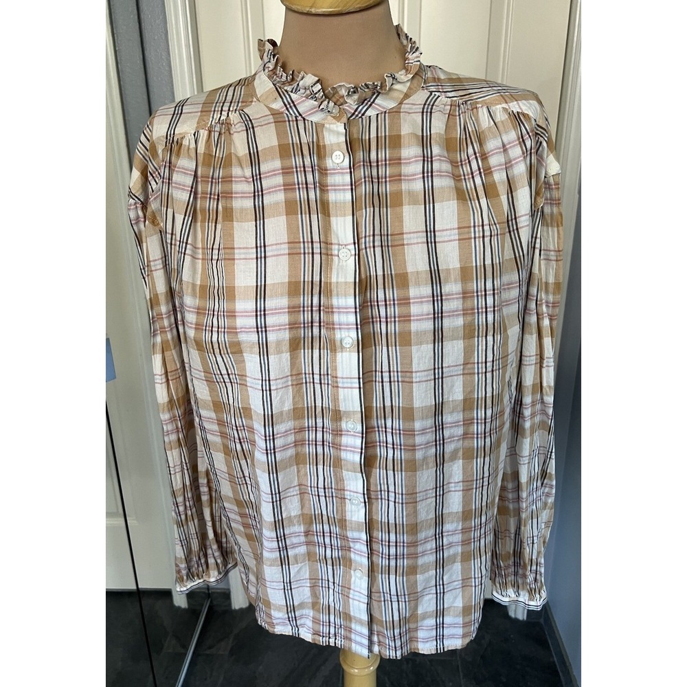 Gap Womens Plaid Button Up Shirt Size Medium Ruffle Neck Neutral Country Western